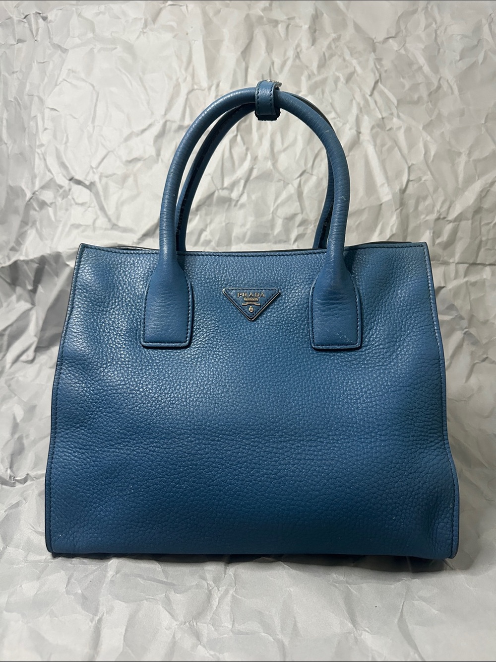 Prada Blue Pebbled Leather Satchel Tote